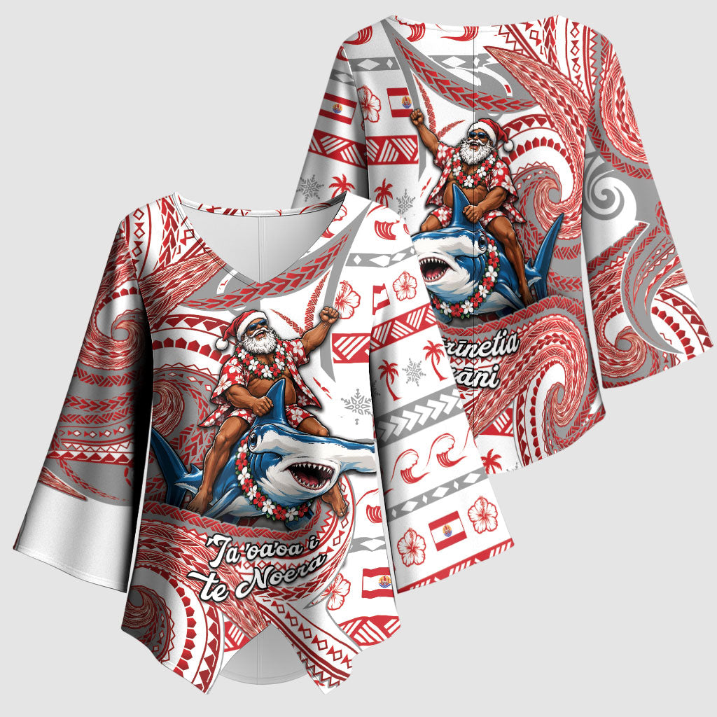French Polynesian Christmas Kimono Sleeve Blouse Santa Riding Hammerhead Shark Tahitian DT05 - Polynesian Pride