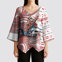 French Polynesian Christmas Kimono Sleeve Blouse Santa Riding Hammerhead Shark Tahitian DT05 - Polynesian Pride