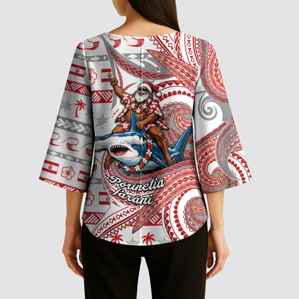 French Polynesian Christmas Kimono Sleeve Blouse Santa Riding Hammerhead Shark Tahitian DT05 - Polynesian Pride