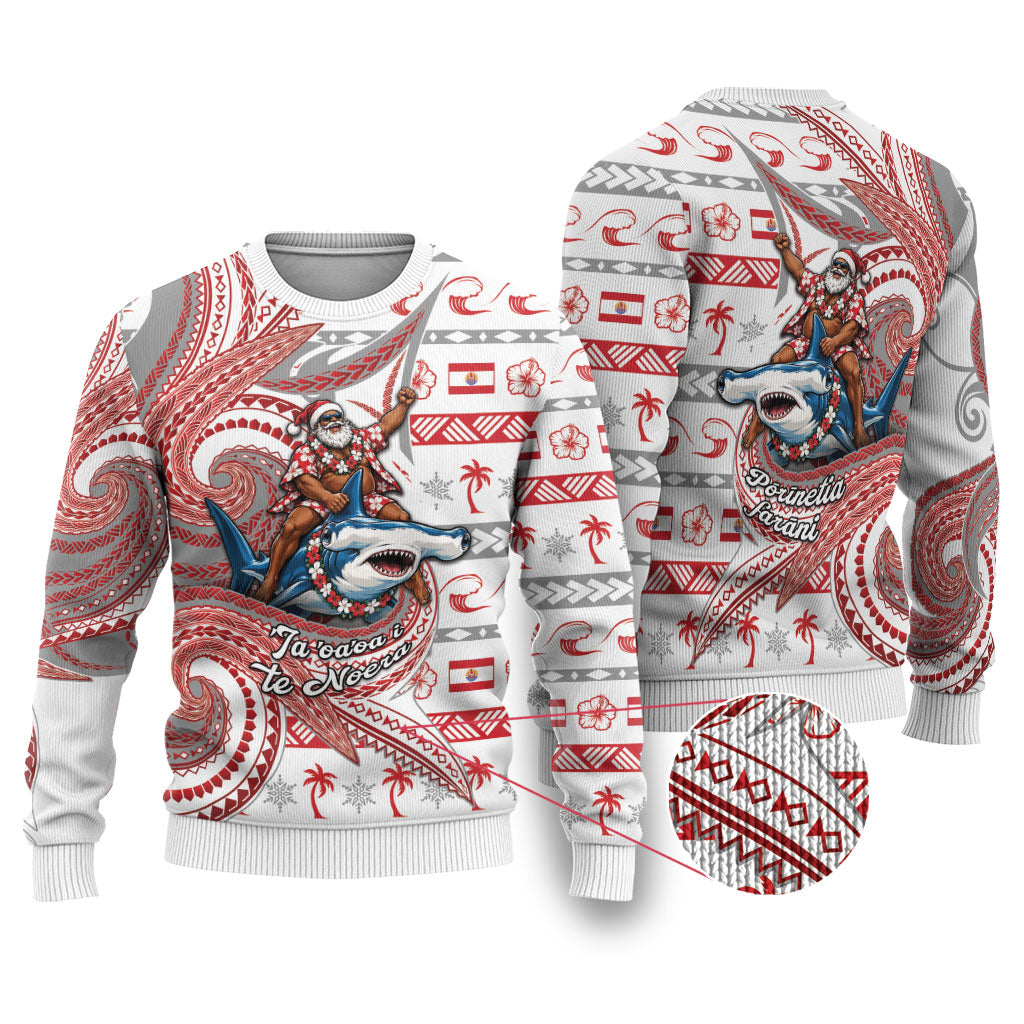 French Polynesian Christmas Ugly Christmas Sweater Santa Riding Hammerhead Shark Tahitian DT05 White - Polynesian Pride