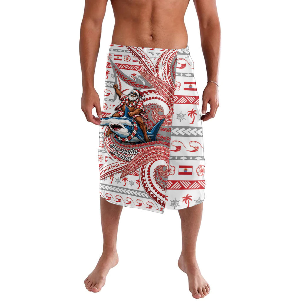 French Polynesian Christmas Lavalava Santa Riding Hammerhead Shark Tahitian DT05 White - Polynesian Pride