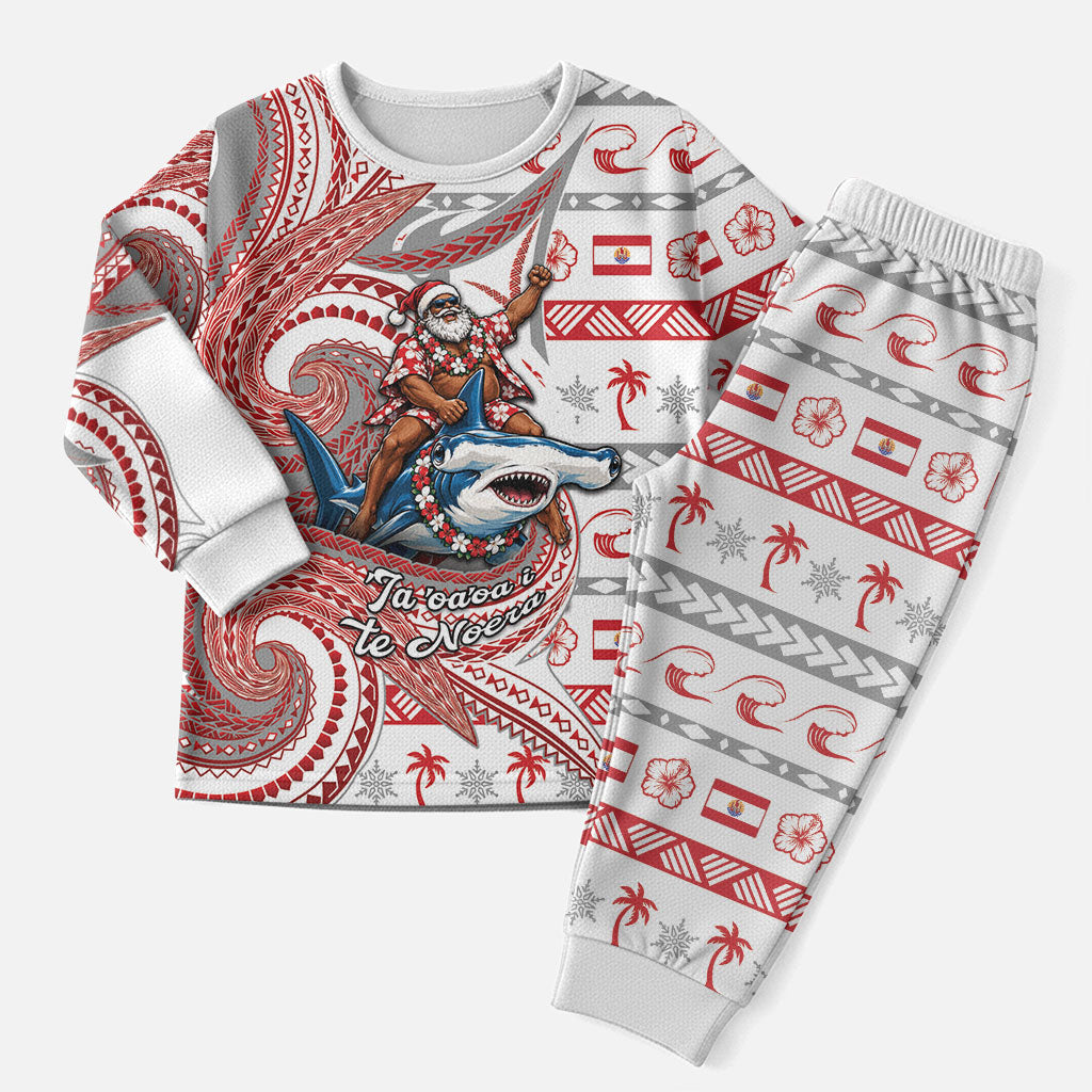 French Polynesian Christmas Pajama Set Santa Riding Hammerhead Shark Tahitian DT05 Men White - Polynesian Pride