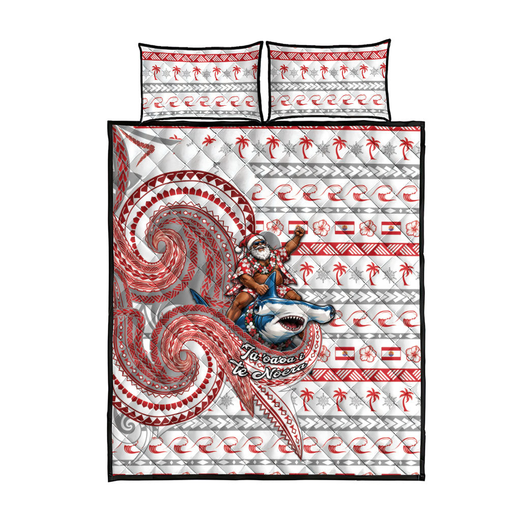 French Polynesian Christmas Quilt Bed Set Santa Riding Hammerhead Shark Tahitian