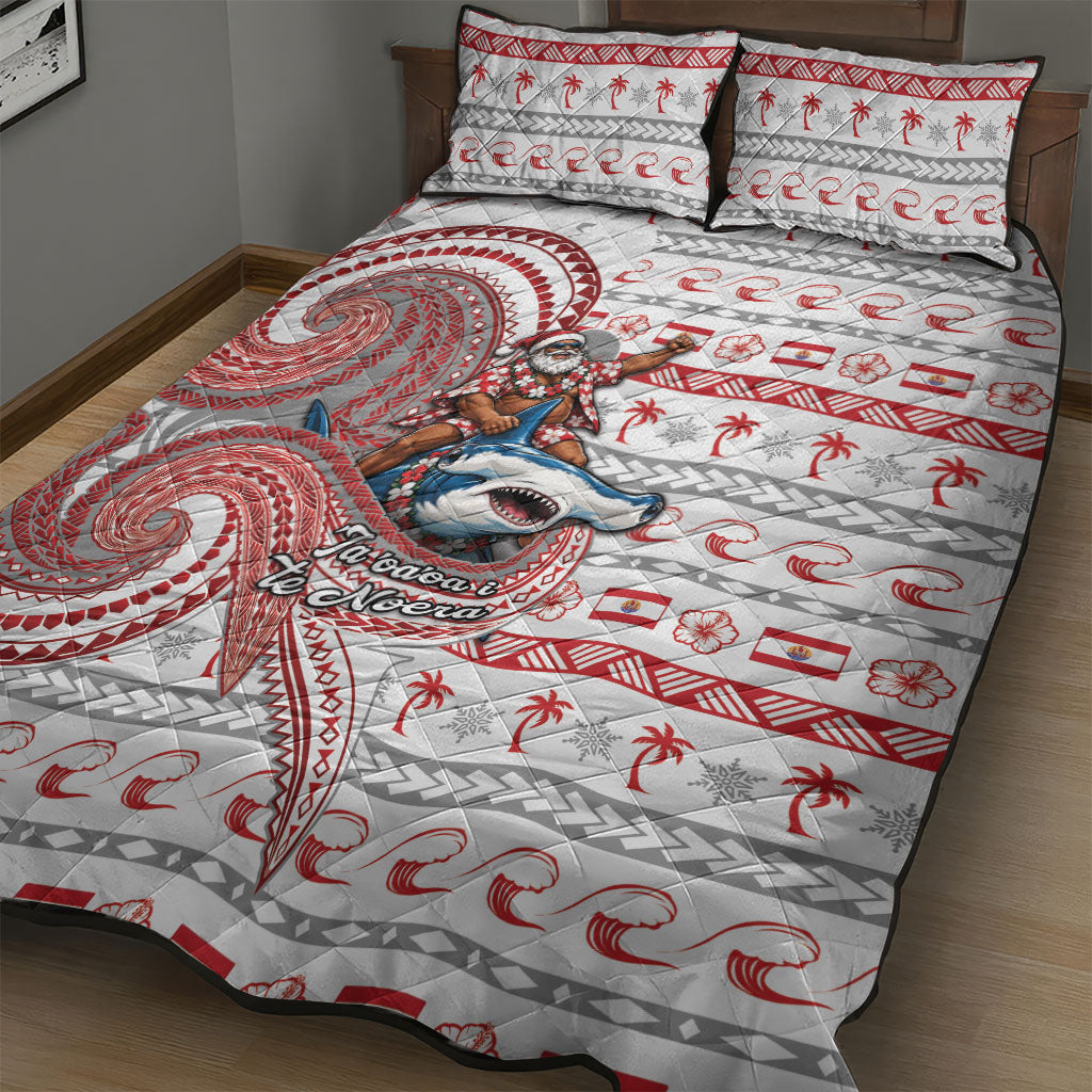 French Polynesian Christmas Quilt Bed Set Santa Riding Hammerhead Shark Tahitian