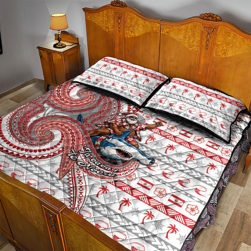 French Polynesian Christmas Quilt Bed Set Santa Riding Hammerhead Shark Tahitian