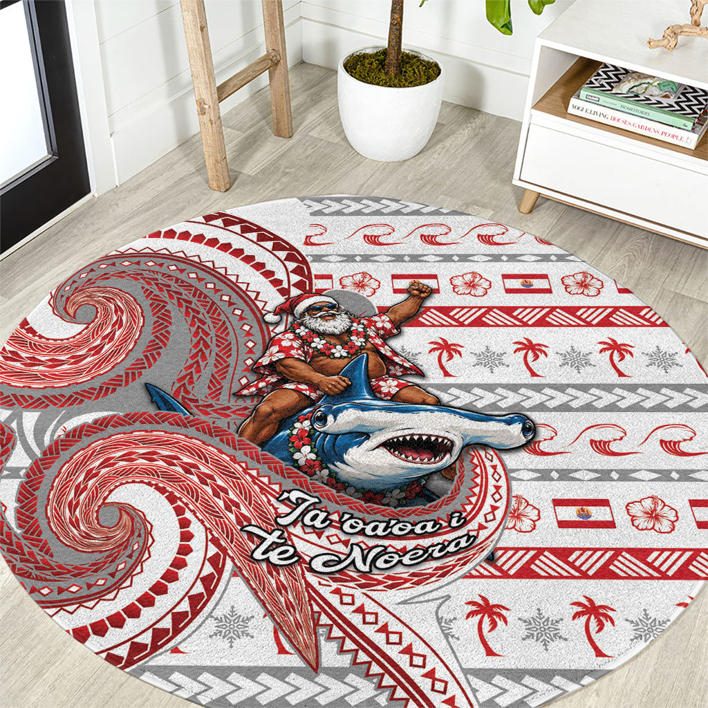 French Polynesian Christmas Round Carpet Santa Riding Hammerhead Shark Tahitian DT05 White - Polynesian Pride