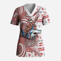 French Polynesian Christmas Scrub Top Santa Riding Hammerhead Shark Tahitian