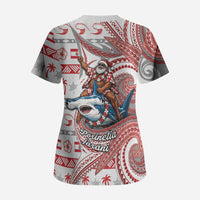 French Polynesian Christmas Scrub Top Santa Riding Hammerhead Shark Tahitian