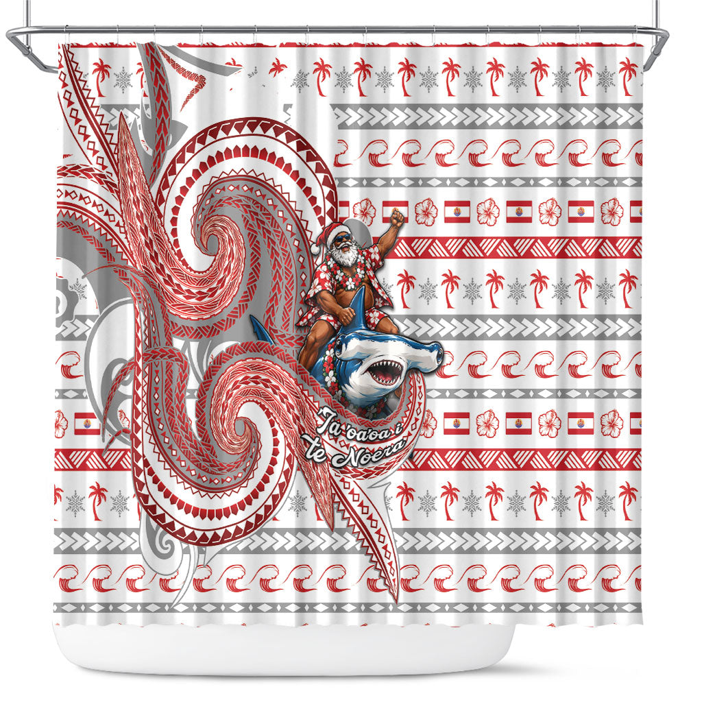 French Polynesian Christmas Shower Curtain Santa Riding Hammerhead Shark Tahitian DT05 White - Polynesian Pride