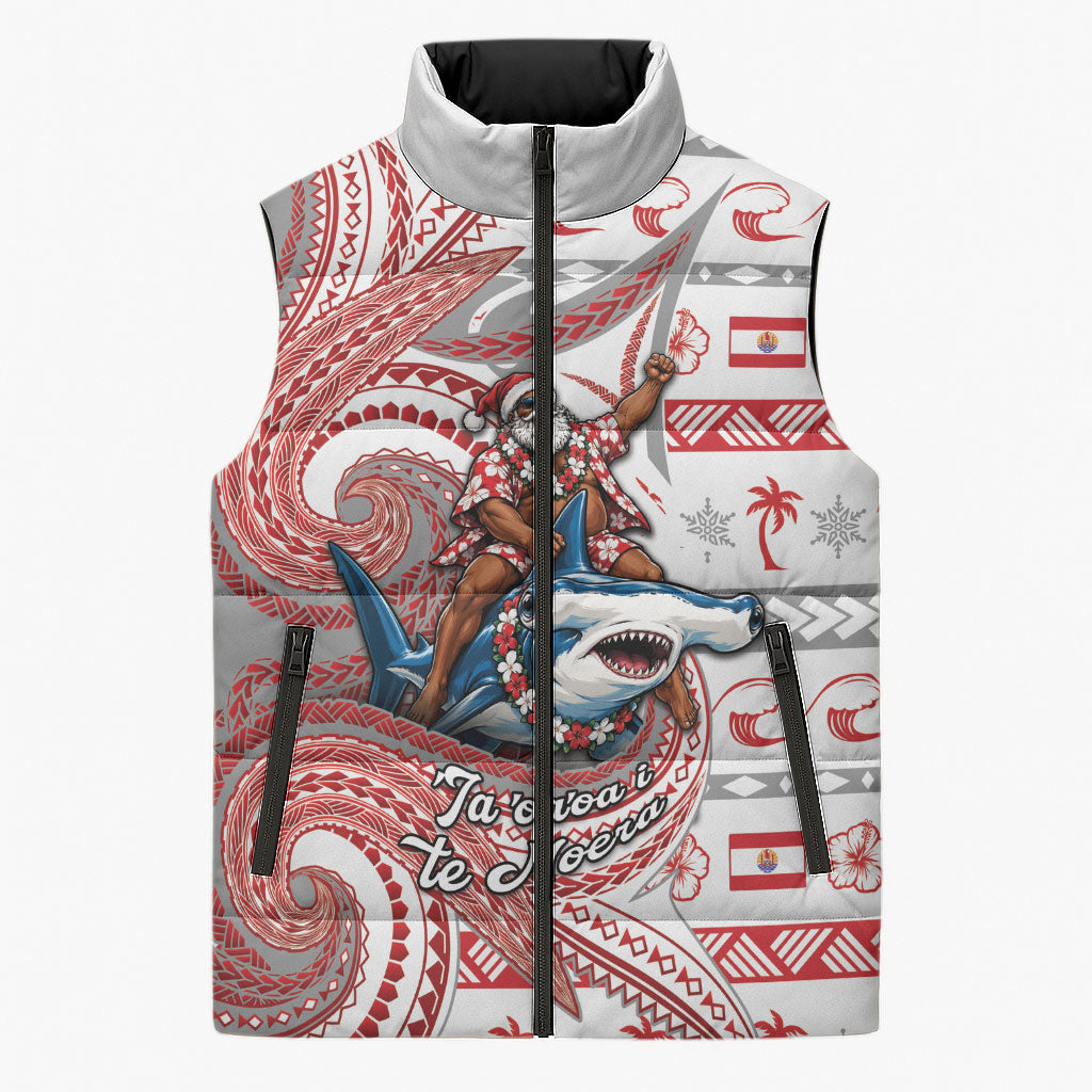 French Polynesian Christmas Sleeveless Puffer Jacket Santa Riding Hammerhead Shark Tahitian DT05 Unisex White - Polynesian Pride