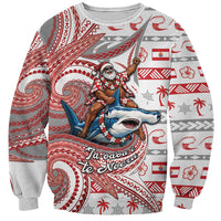 French Polynesian Christmas Sweatshirt Santa Riding Hammerhead Shark Tahitian