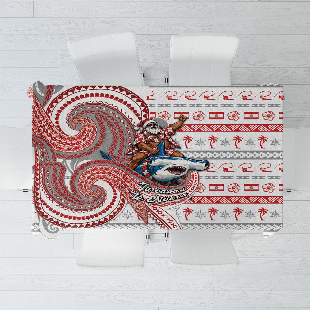 French Polynesian Christmas Tablecloth Santa Riding Hammerhead Shark Tahitian DT05 White - Polynesian Pride