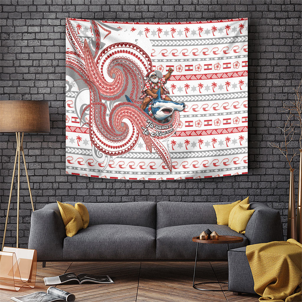 French Polynesian Christmas Tapestry Santa Riding Hammerhead Shark Tahitian