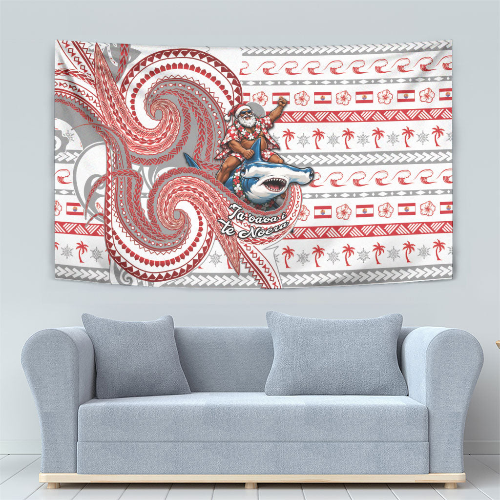 French Polynesian Christmas Tapestry Santa Riding Hammerhead Shark Tahitian