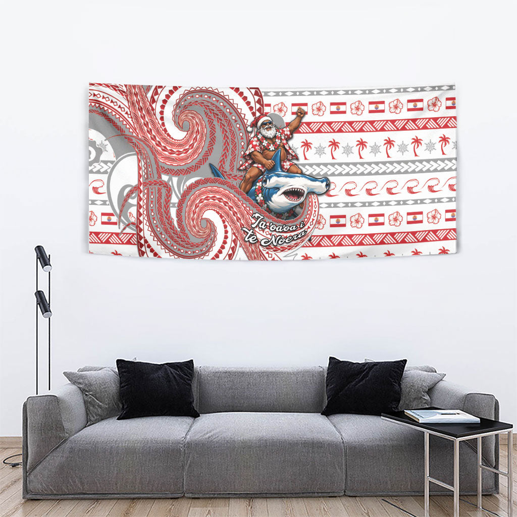 French Polynesian Christmas Tapestry Santa Riding Hammerhead Shark Tahitian