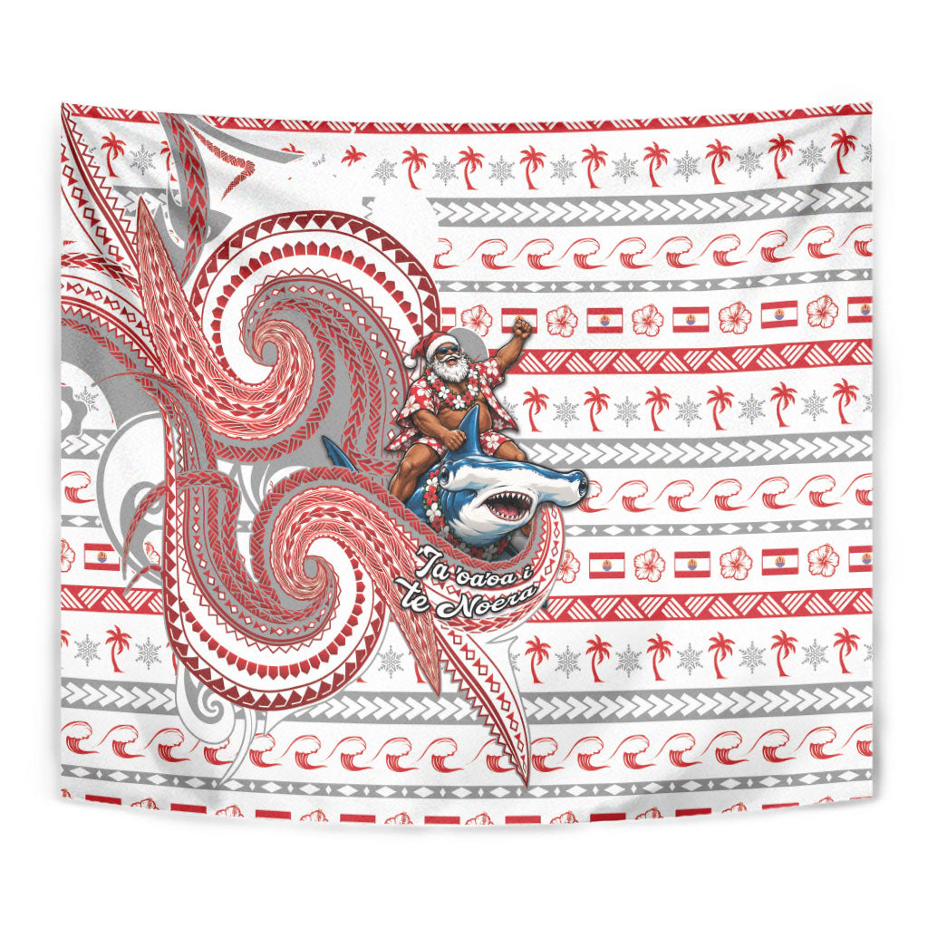 French Polynesian Christmas Tapestry Santa Riding Hammerhead Shark Tahitian