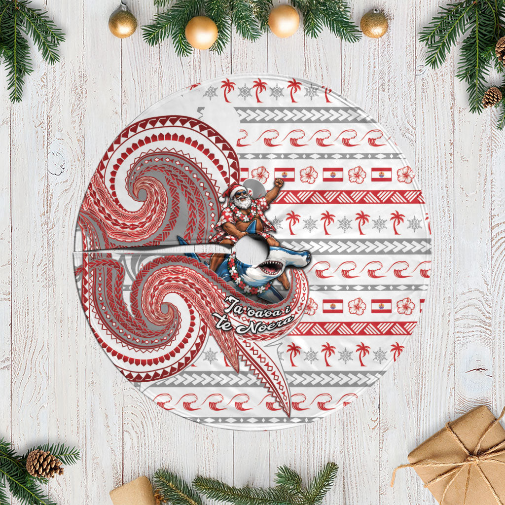 French Polynesian Christmas Tree Skirt Santa Riding Hammerhead Shark Tahitian DT05 Casual White - Polynesian Pride