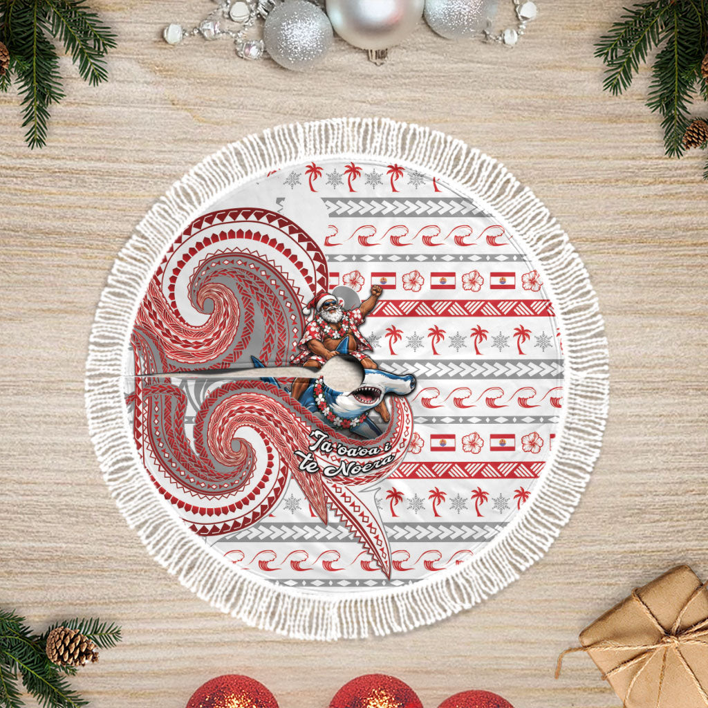 French Polynesian Christmas Tree Skirt Santa Riding Hammerhead Shark Tahitian DT05 Fringed White - Polynesian Pride
