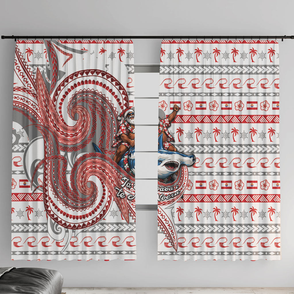 French Polynesian Christmas Window Curtain Santa Riding Hammerhead Shark Tahitian DT05 With Hooks White - Polynesian Pride