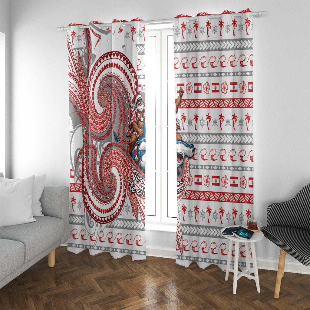 French Polynesian Christmas Window Curtain Santa Riding Hammerhead Shark Tahitian DT05 With Grommets White - Polynesian Pride