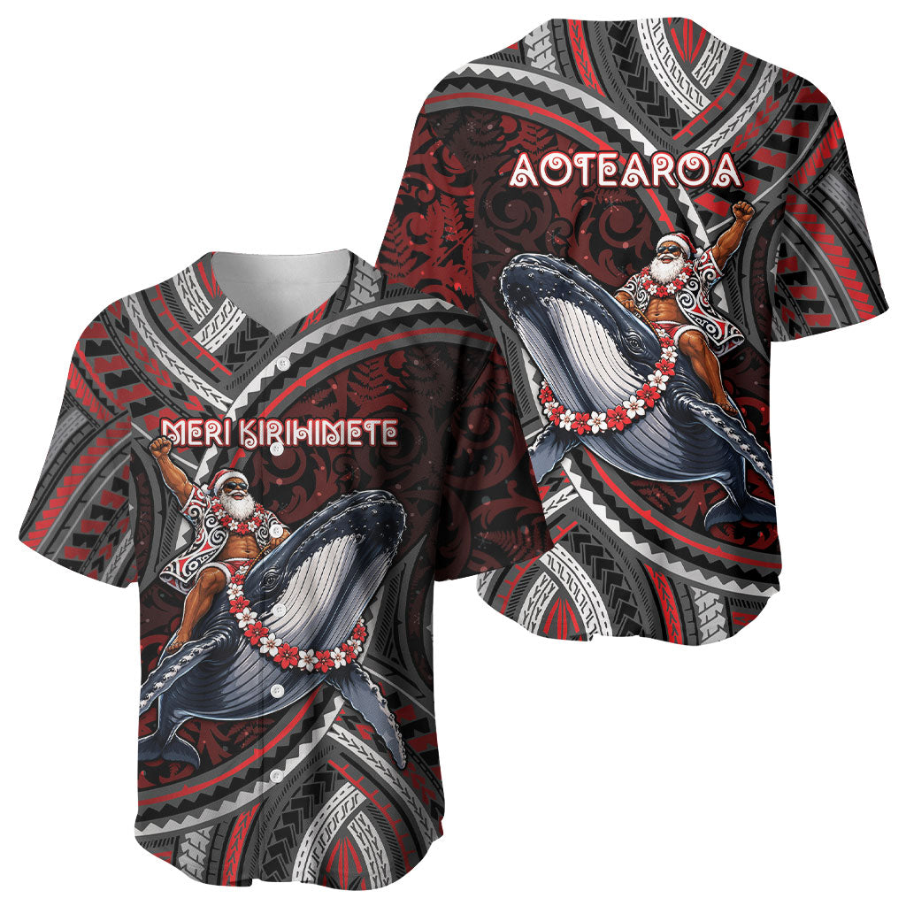 Aotearoa Christmas Baseball Jersey Santa Riding Humpback Whale Maori Koru DT05 - Polynesian Pride