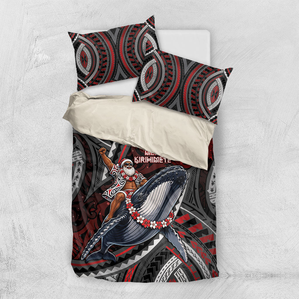 Aotearoa Christmas Bedding Set Santa Riding Humpback Whale Maori Koru DT05 US Twin 172cm x 218cm Red - Polynesian Pride