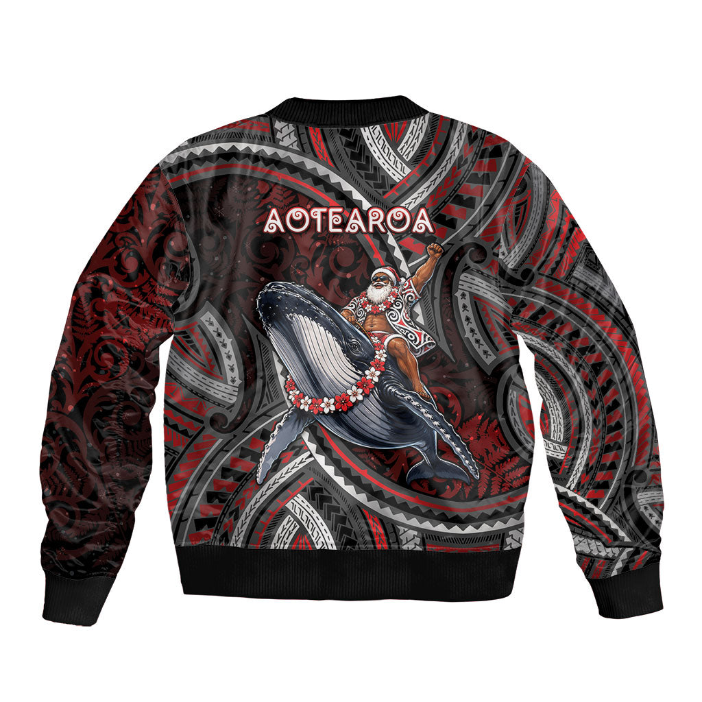 Aotearoa Christmas Bomber Jacket Santa Riding Humpback Whale Maori Koru