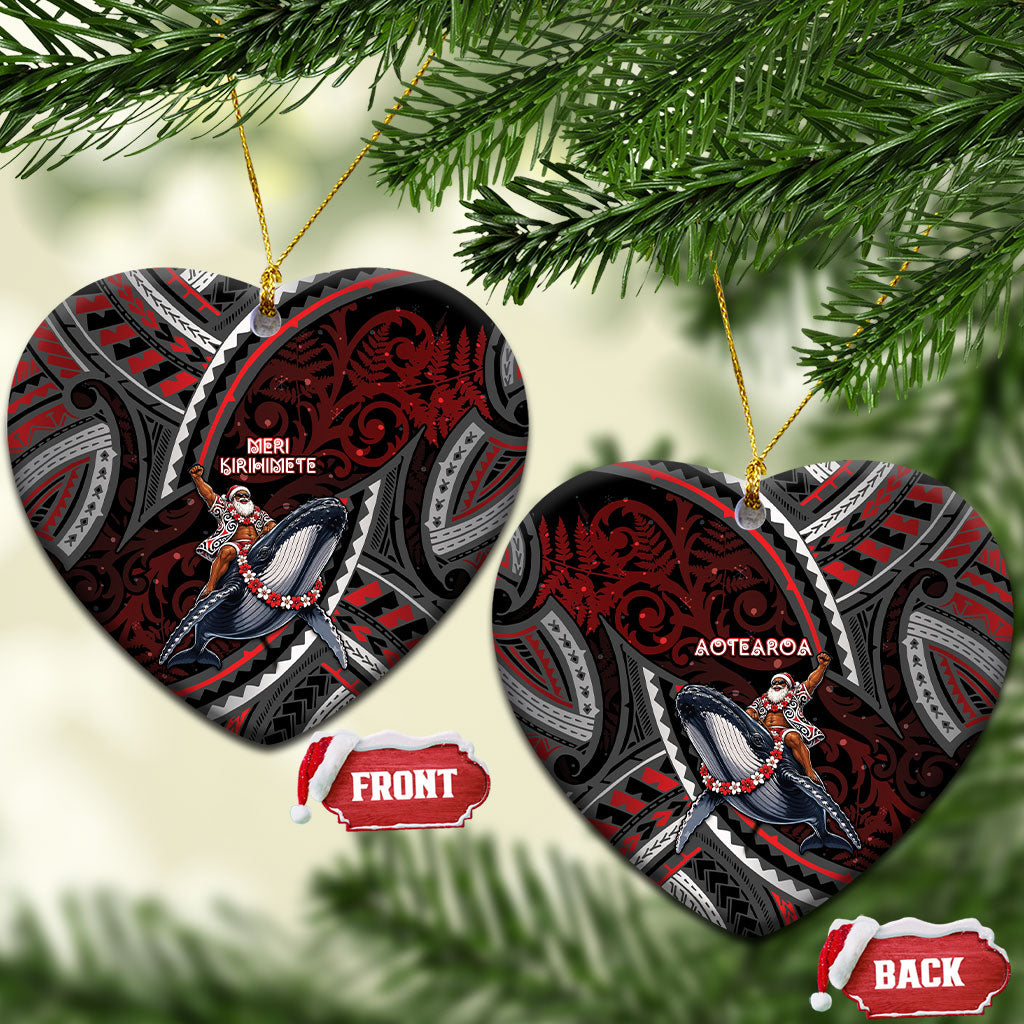 Aotearoa Christmas Ceramic Ornament Santa Riding Humpback Whale Maori Koru DT05 Heart Red - Polynesian Pride