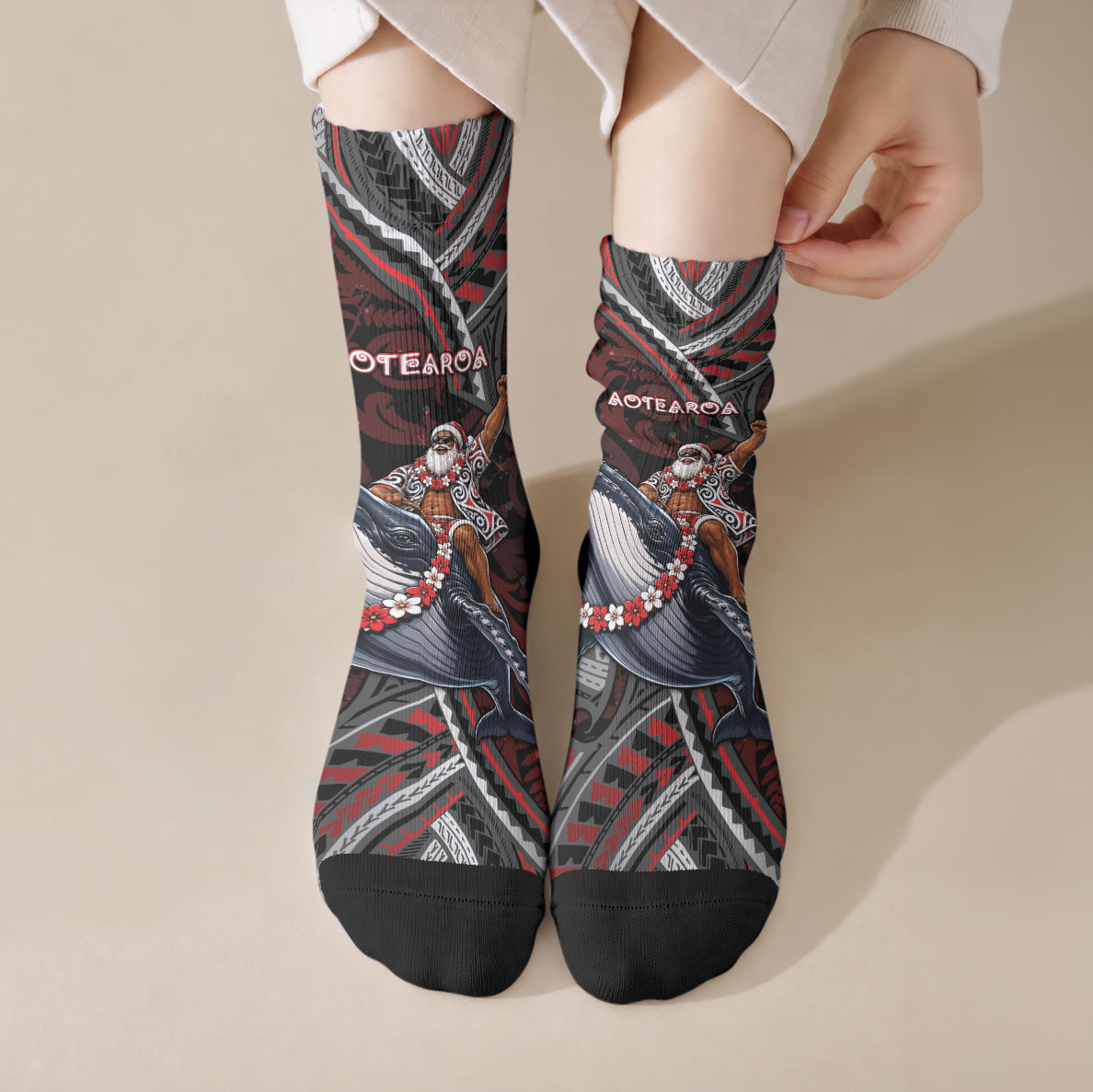 Aotearoa Christmas Crew Socks Santa Riding Humpback Whale Maori Koru DT05 Crew Socks Red - Polynesian Pride