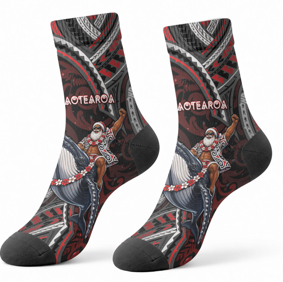 Aotearoa Christmas Crew Socks Santa Riding Humpback Whale Maori Koru DT05 - Polynesian Pride