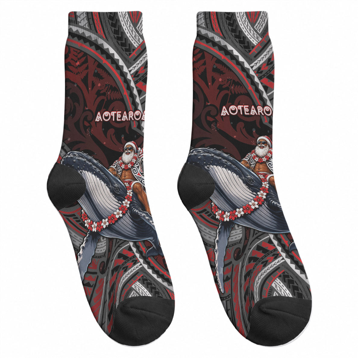 Aotearoa Christmas Crew Socks Santa Riding Humpback Whale Maori Koru DT05 - Polynesian Pride