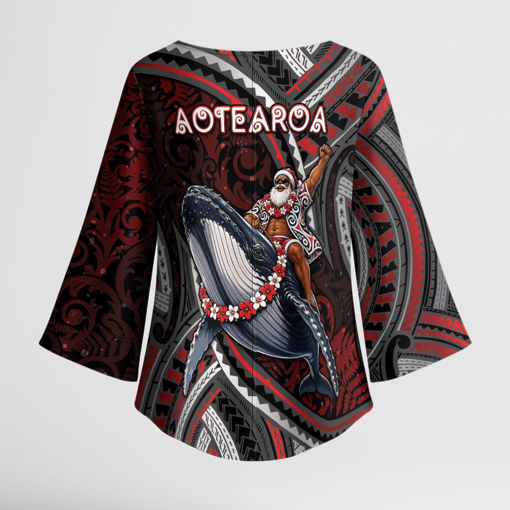 Aotearoa Christmas Kimono Sleeve Blouse Santa Riding Humpback Whale Maori Koru DT05 - Polynesian Pride