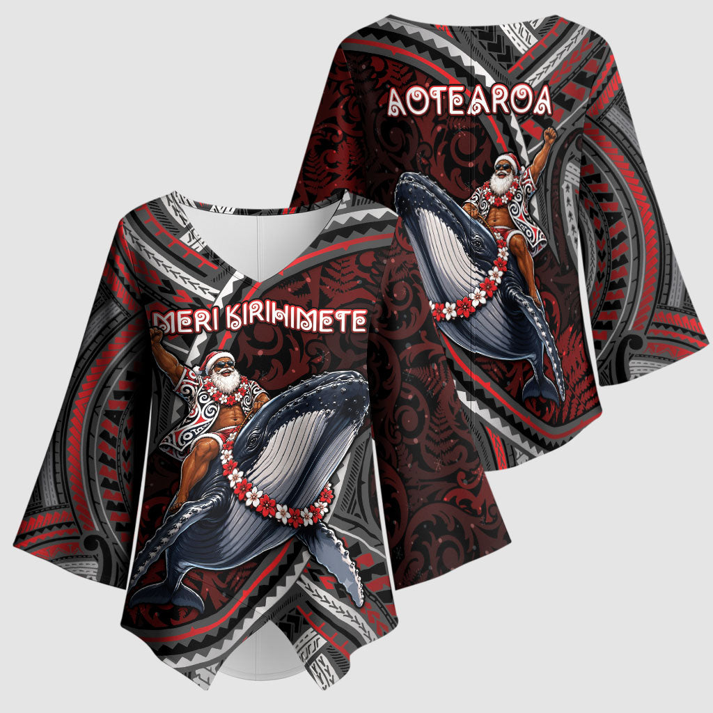 Aotearoa Christmas Kimono Sleeve Blouse Santa Riding Humpback Whale Maori Koru DT05 - Polynesian Pride