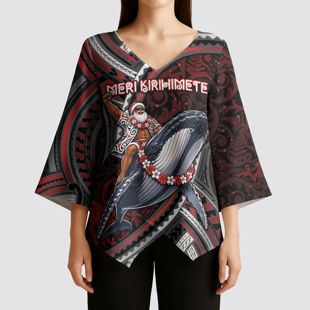 Aotearoa Christmas Kimono Sleeve Blouse Santa Riding Humpback Whale Maori Koru DT05 - Polynesian Pride