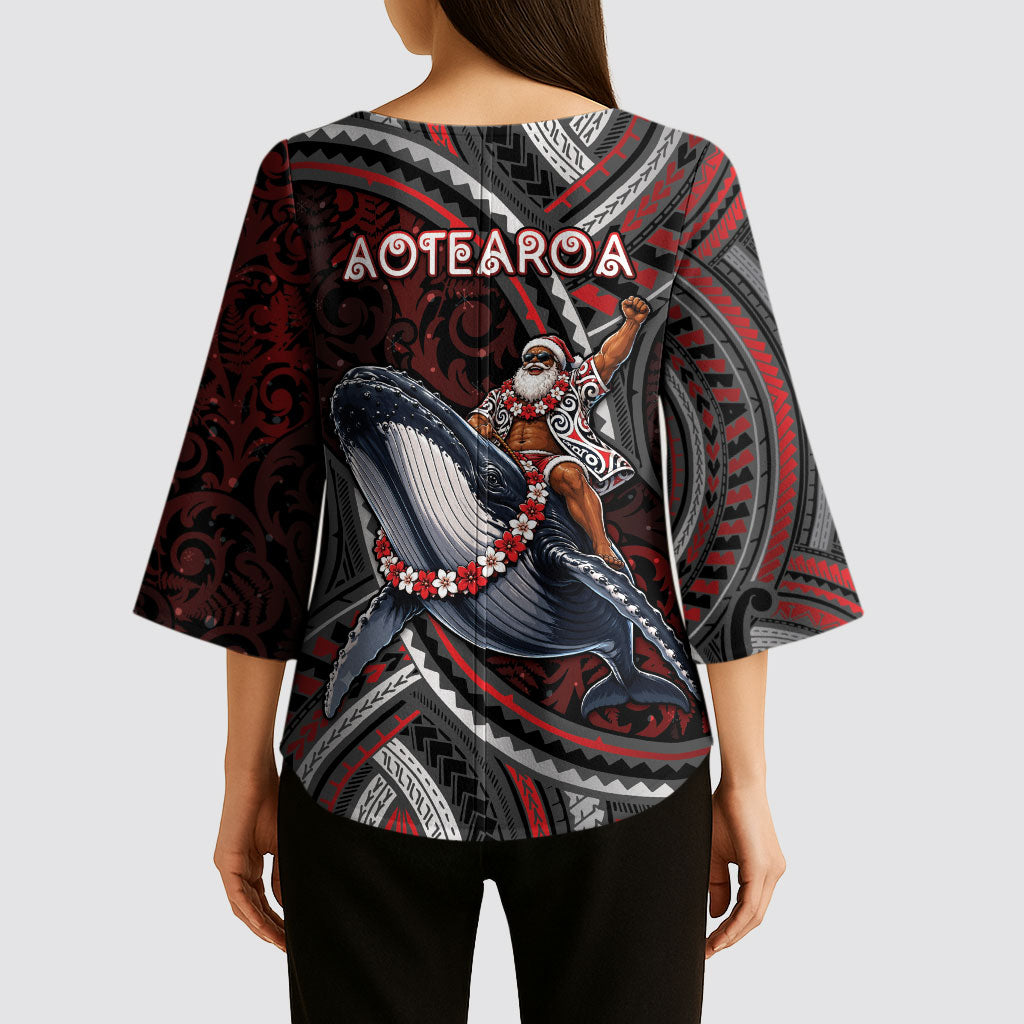 Aotearoa Christmas Kimono Sleeve Blouse Santa Riding Humpback Whale Maori Koru DT05 - Polynesian Pride