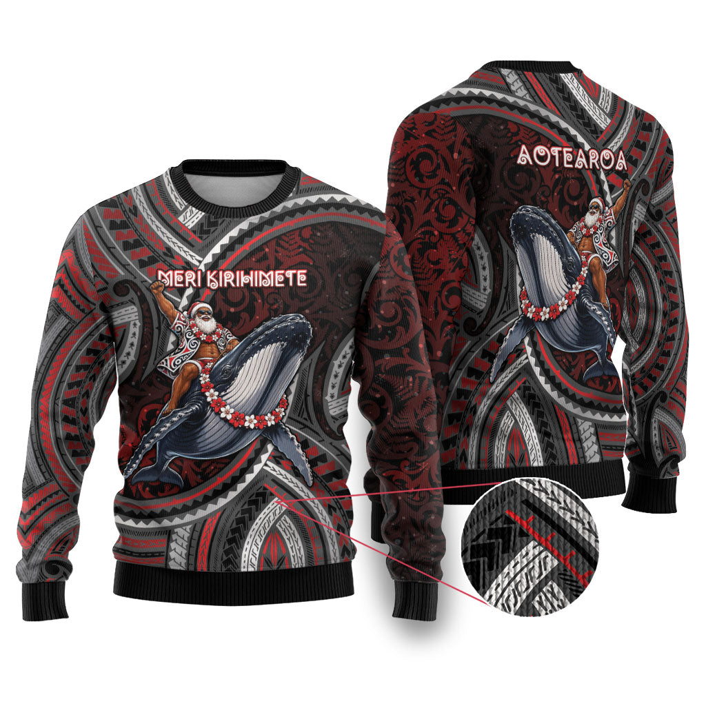 Aotearoa Christmas Ugly Christmas Sweater Santa Riding Humpback Whale Maori Koru DT05 Red - Polynesian Pride