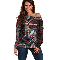 Aotearoa Christmas Off Shoulder Sweater Santa Riding Humpback Whale Maori Koru DT05 Women Red - Polynesian Pride