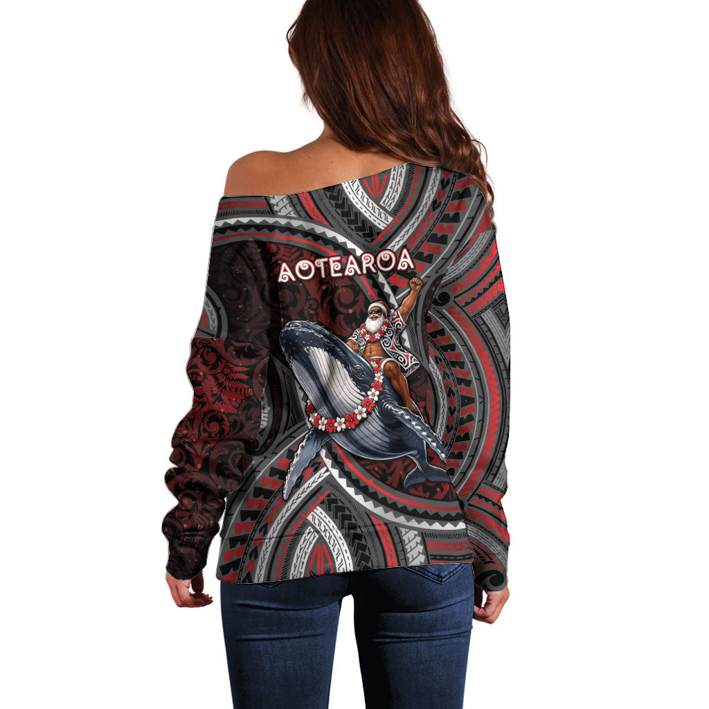 Aotearoa Christmas Off Shoulder Sweater Santa Riding Humpback Whale Maori Koru DT05 - Polynesian Pride
