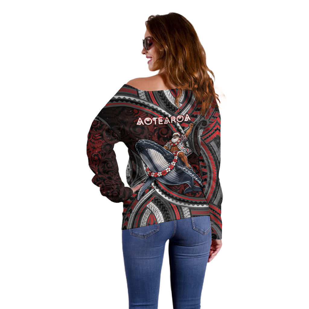 Aotearoa Christmas Off Shoulder Sweater Santa Riding Humpback Whale Maori Koru DT05 - Polynesian Pride