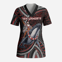 Aotearoa Christmas Scrub Top Santa Riding Humpback Whale Maori Koru DT05 Adult Red - Polynesian Pride