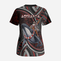 Aotearoa Christmas Scrub Top Santa Riding Humpback Whale Maori Koru DT05 - Polynesian Pride