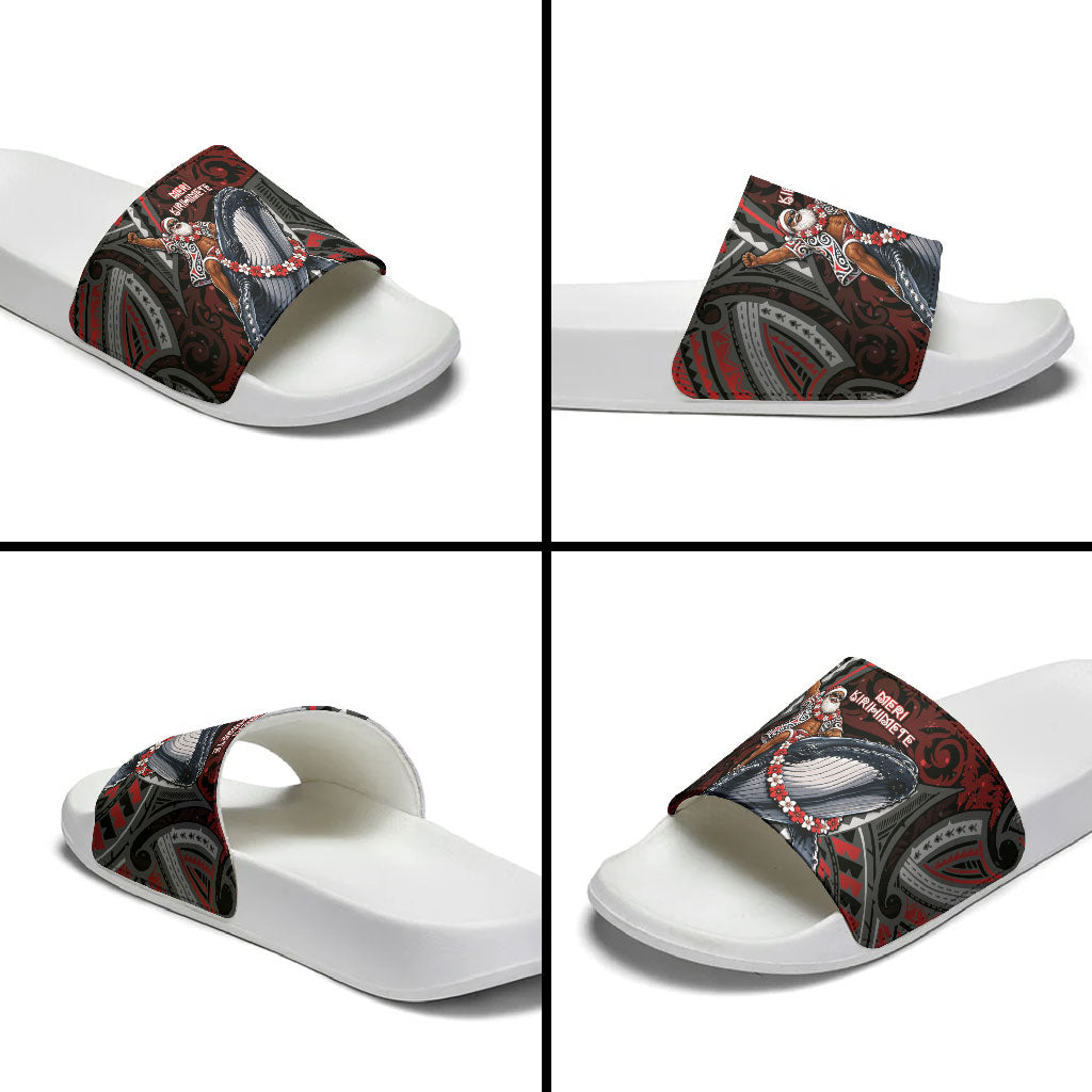 Aotearoa Christmas Slide Sandals Santa Riding Humpback Whale Maori Koru