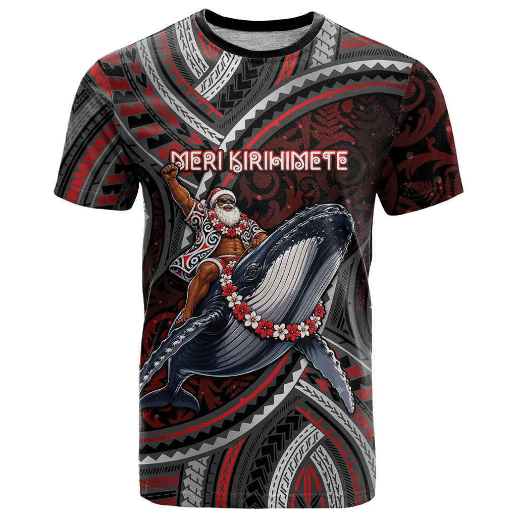 Aotearoa Christmas T Shirt Santa Riding Humpback Whale Maori Koru DT05 Red - Polynesian Pride