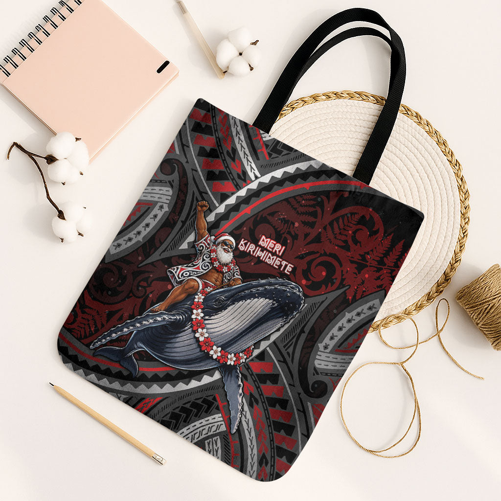 Aotearoa Christmas Tote Bag Santa Riding Humpback Whale Maori Koru DT05 Black Strap One Size Red - Polynesian Pride