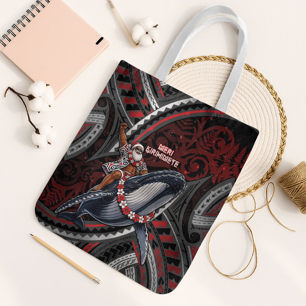 Aotearoa Christmas Tote Bag Santa Riding Humpback Whale Maori Koru