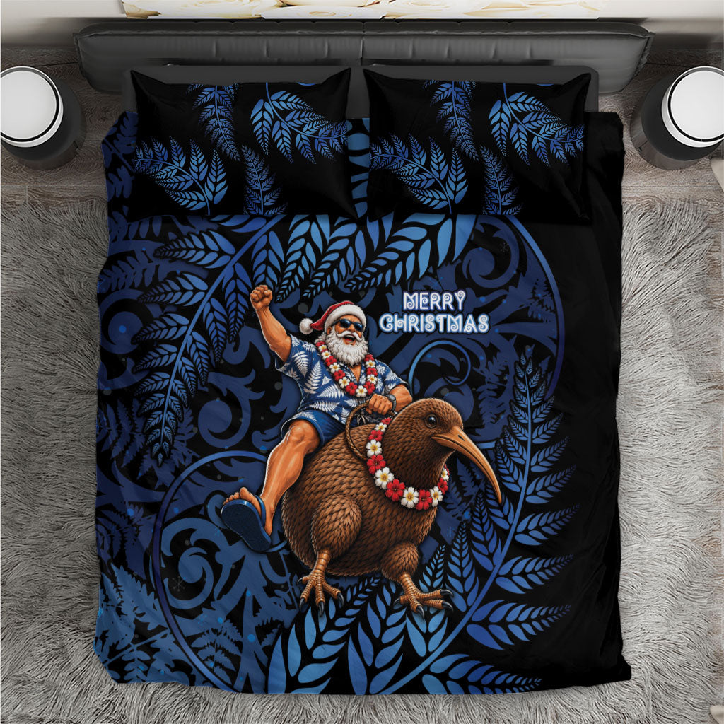 New Zealand Christmas Bedding Set Santa Riding Kiwi Bird Silver Fern DT05 Navy - Polynesian Pride