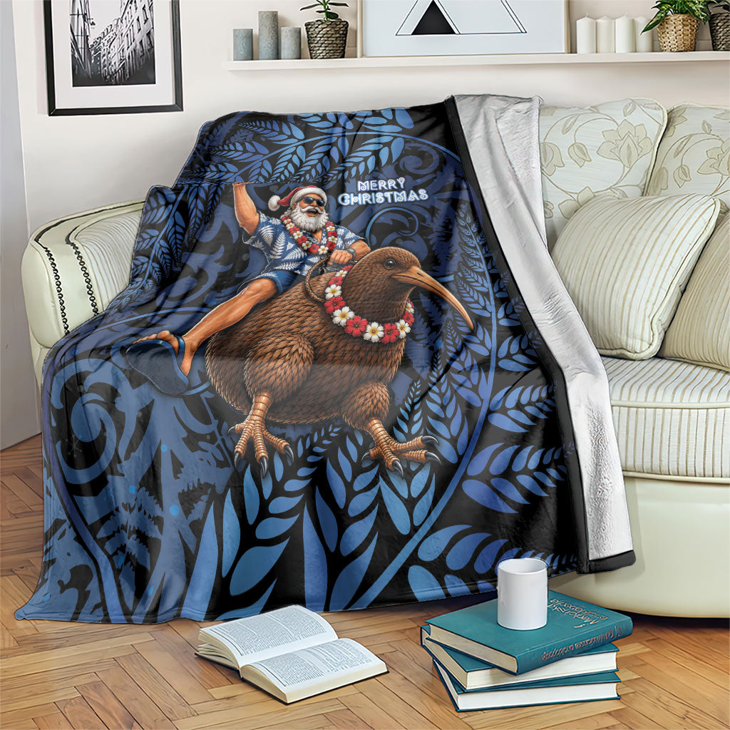 New Zealand Christmas Blanket Santa Riding Kiwi Bird Silver Fern DT05 Navy - Polynesian Pride