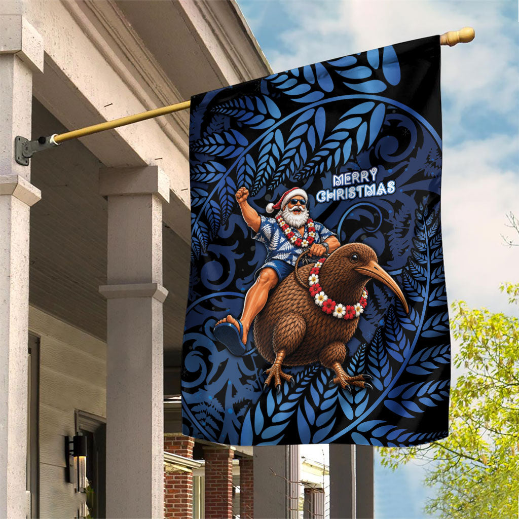 New Zealand Christmas Garden Flag Santa Riding Kiwi Bird Silver Fern DT05 House Flag Navy - Polynesian Pride