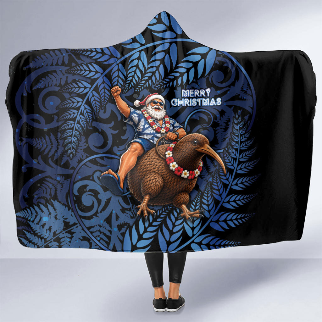 New Zealand Christmas Hooded Blanket Santa Riding Kiwi Bird Silver Fern DT05 One Size Navy - Polynesian Pride