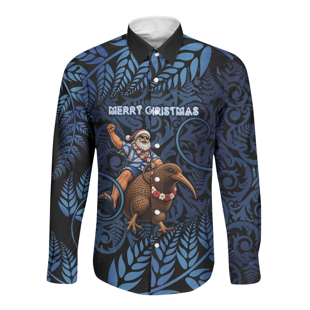 New Zealand Christmas Long Sleeve Button Shirt Santa Riding Kiwi Bird Silver Fern DT05 Unisex Navy - Polynesian Pride